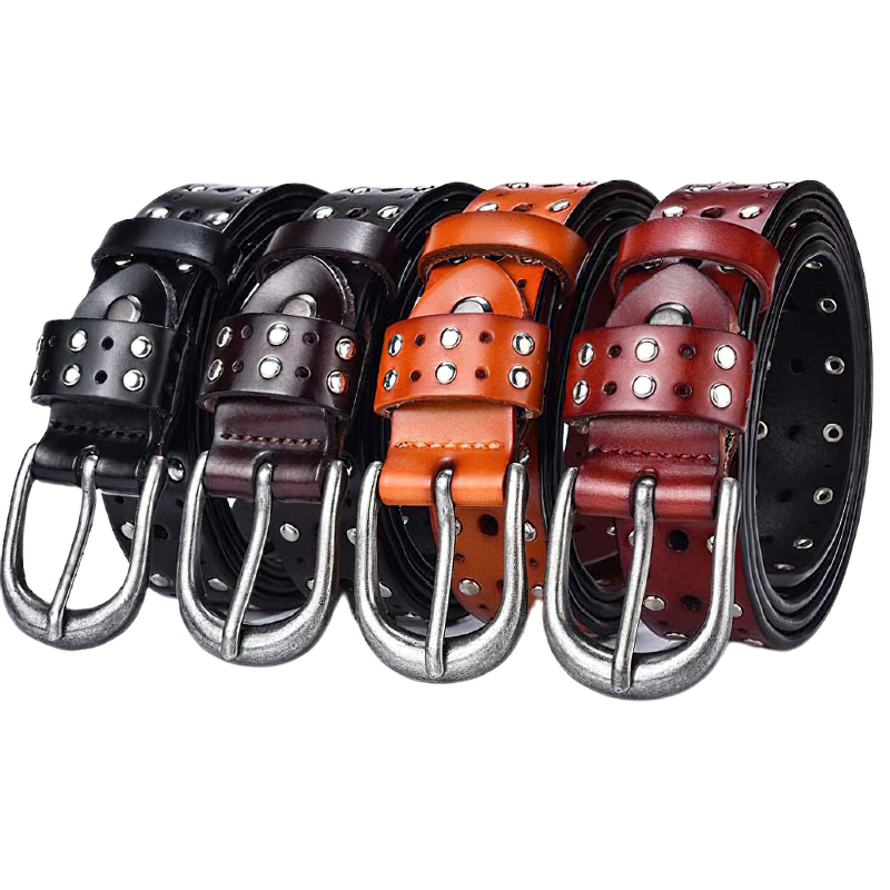 Fashion adjustable women's belts in black, brown, orange, and maroon with silver rivets and buckles, perfect for casual style.