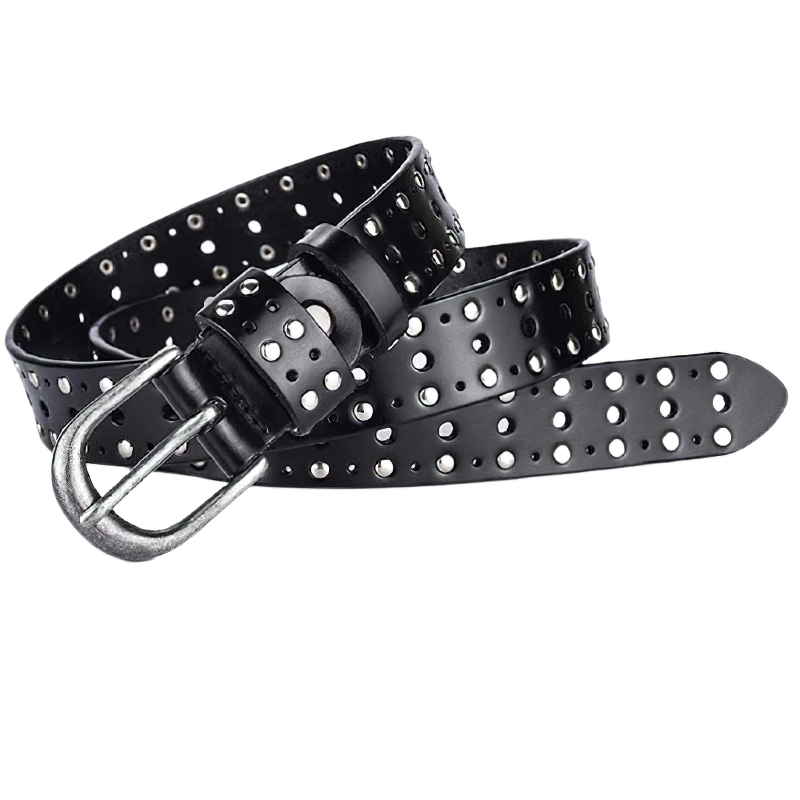Fashion adjustable black leather women's belt with silver rivets and buckle, perfect for casual outfits.