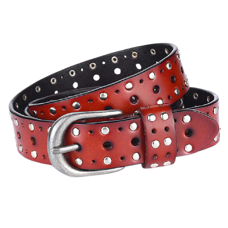 Fashion adjustable women's belt made of genuine leather, featuring silver rivets and elegant buckle, perfect for casual styles.