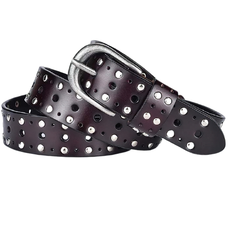 Fashion adjustable women's belt made of genuine leather, featuring silver rivets and a stylish buckle.