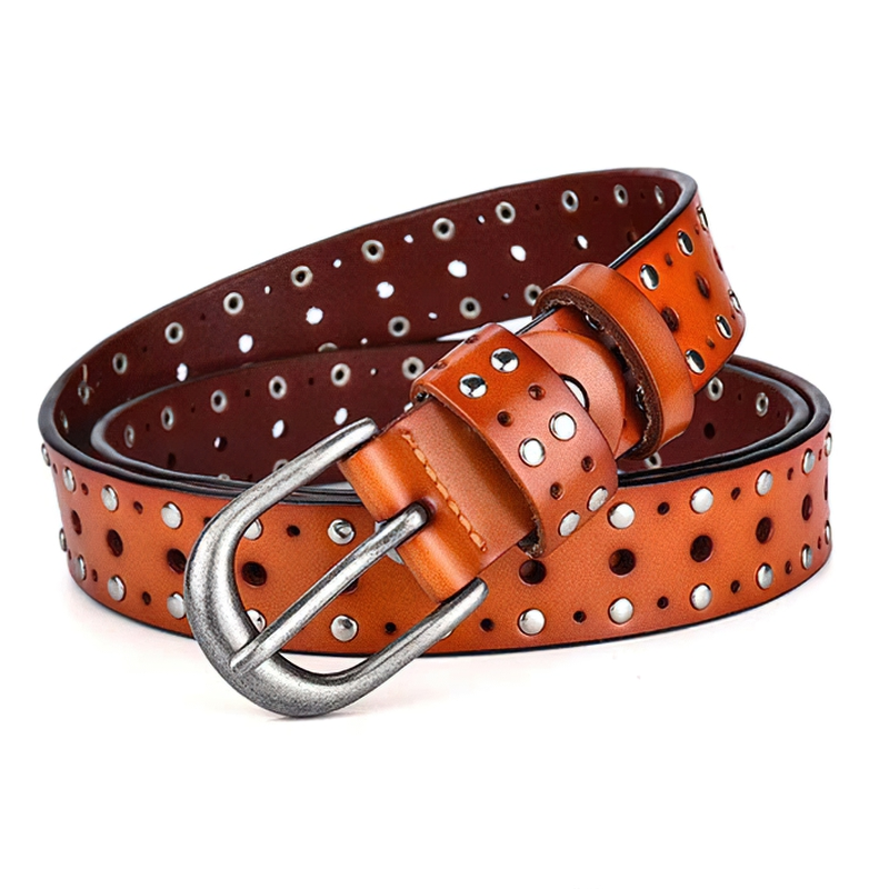 Stylish orange women's belt made of genuine leather with silver rivets and a silver buckle, perfect for casual outfits.