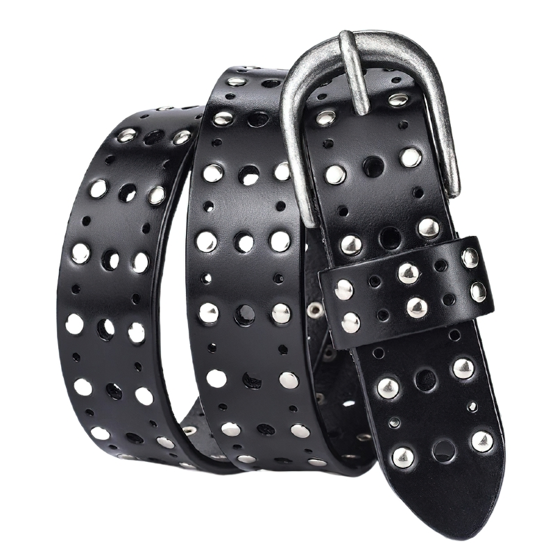 Fashion adjustable women's belt in black genuine leather with silver rivets and buckle, perfect casual accessory.