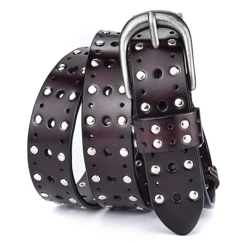 Stylish women's adjustable leather belt featuring silver rivets and a metallic buckle in a rich dark brown color.