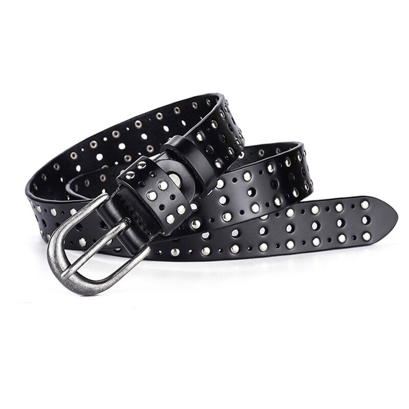 Fashion adjustable women's belt in black genuine leather with silver rivets and buckle, perfect casual accessory.