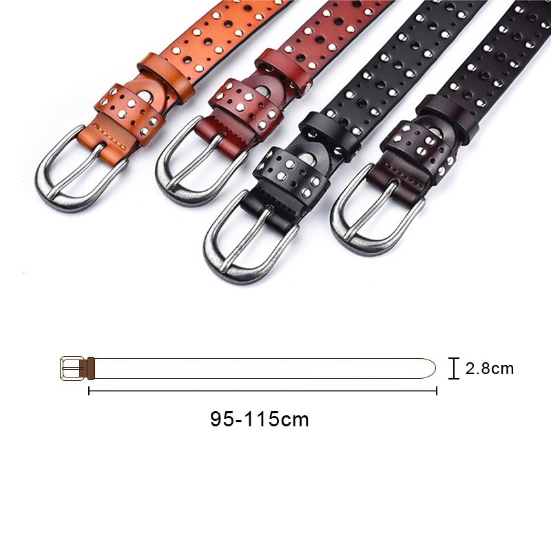 Fashion adjustable women's belts in brown, black, and orange with silver rivets and buckles, sizes 95-115cm.