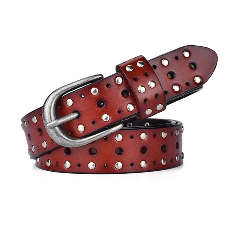 Fashion adjustable women's belt made of genuine leather with silver rivets and buckle in a rich brown color.