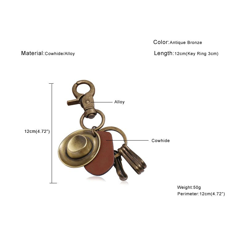 Vintage alloy keychain featuring a charming hat pendant and antique bronze finish, perfect for car lovers.