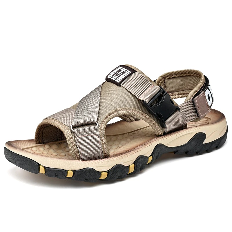 Fashionable anti-skid men's sandals in beige, featuring breathable mesh and adjustable strap for leisure wear.