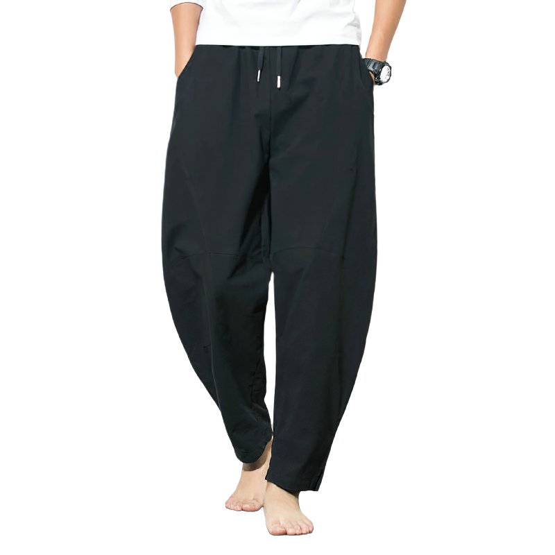 Men's fashion autumn linen harem pants in black, featuring a casual loose fit and comfortable drawstring design.