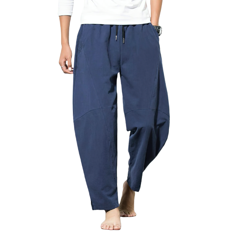 Men's autumn linen harem pants in navy blue, featuring a loose fit and comfortable drawstring waist for casual style.