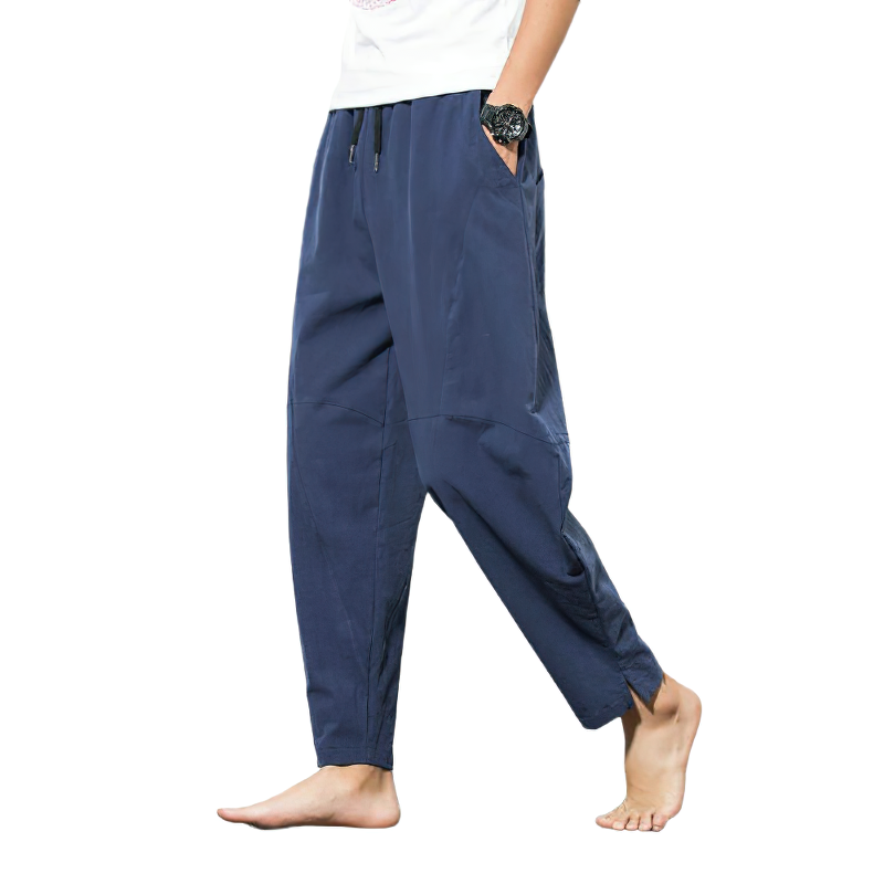 Men's casual loose drawstring harem pants in navy, perfect for autumn comfort and style.