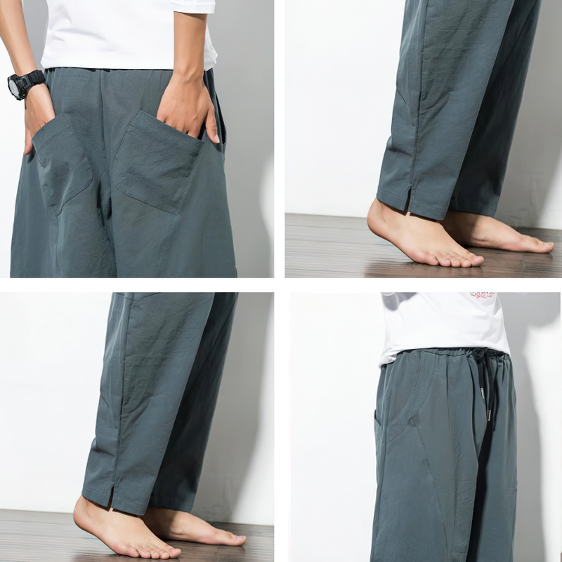 Stylish men's loose harem pants with pockets, elastic drawstring waist, perfect for casual autumn days.
