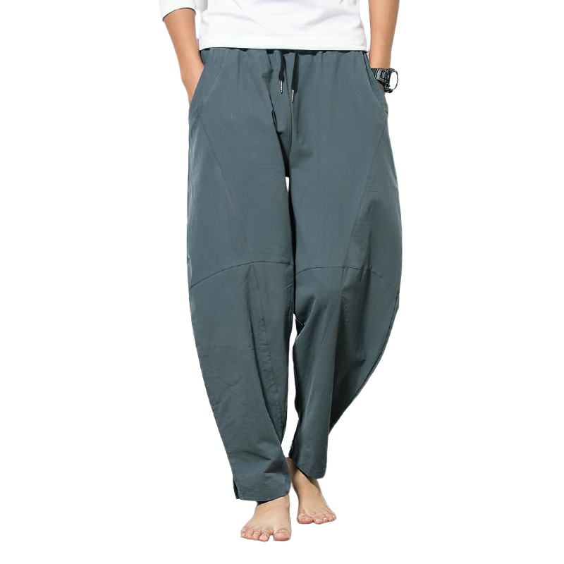 Men's casual loose harem pants in grey, featuring a comfy drawstring waist and stylish free cut for ultimate comfort.