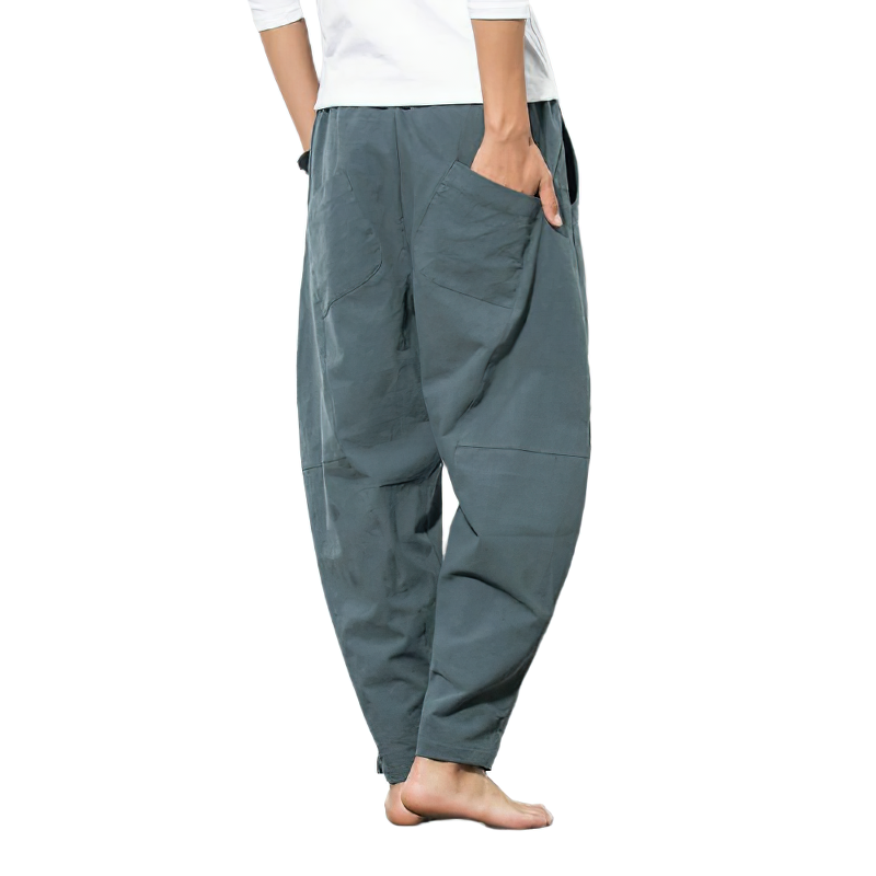 Men's loose harem pants in grey with side pockets, perfect for casual autumn wear and ultimate comfort.