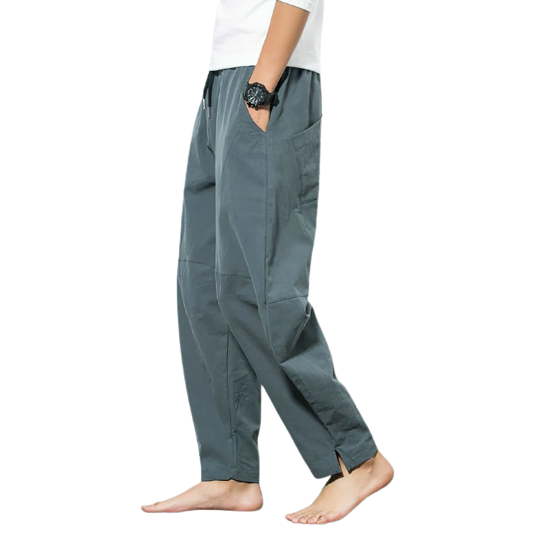 Men's casual loose harem pants in gray with elastic waist and pockets, perfect for autumn fashion.