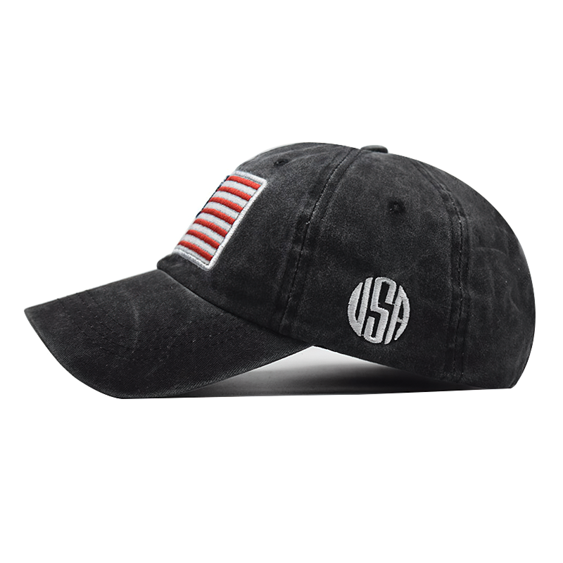 Stylish black baseball cap featuring an American flag design and USA logo, perfect for casual outfits and sunny days.
