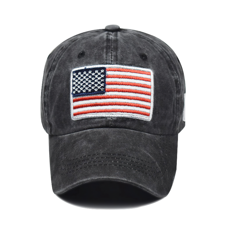 Classic denim baseball cap with embroidered American flag, perfect for casual summer outfits.