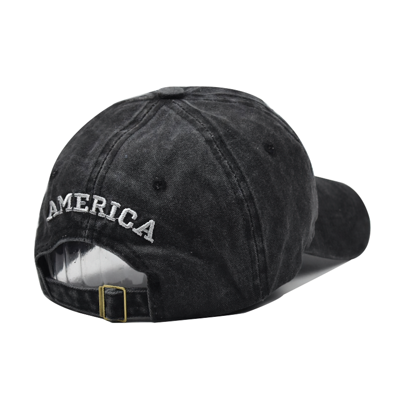 Back view of a trendy baseball cap featuring 'AMERICA' embroidery, perfect for casual outdoor style.