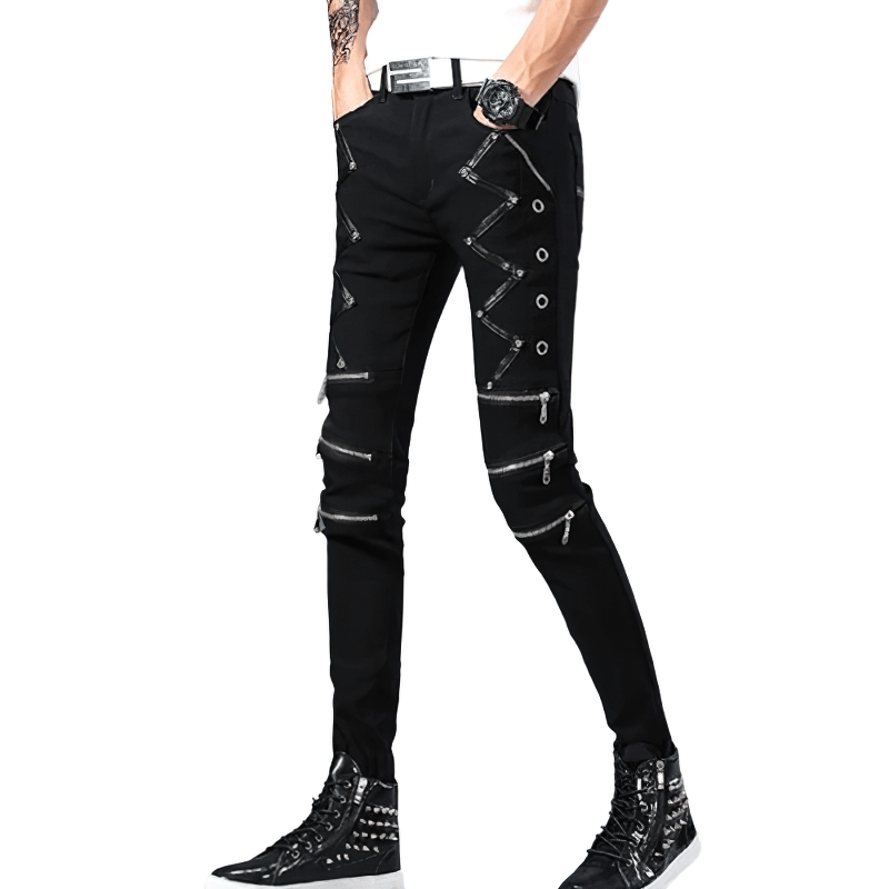 Men's black elastic skinny jeans with zippers and rivets in biker style, featuring a slim fit and edgy design.