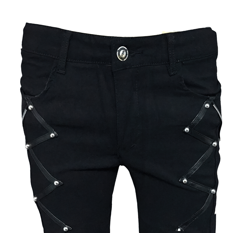 Black elastic skinny jeans for men featuring rivets and zippers, perfect for a stylish biker look.