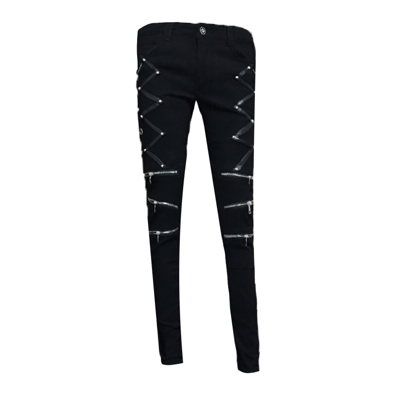 Men's black elastic skinny jeans with biker style, featuring rivets and zippers for a stylish look.