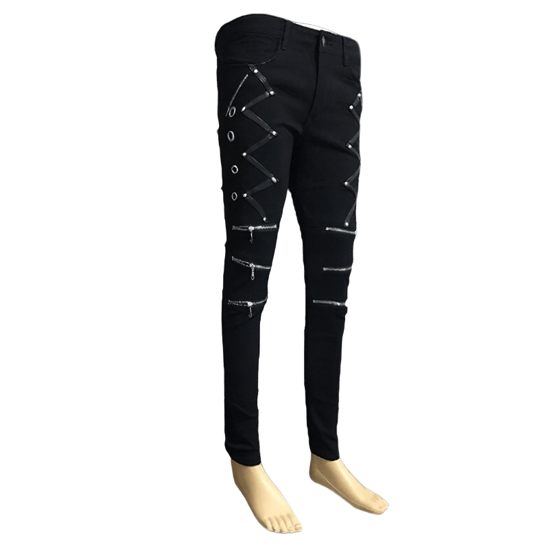 Men's black elastic skinny jeans with rivets and zippers in biker style on a mannequin.