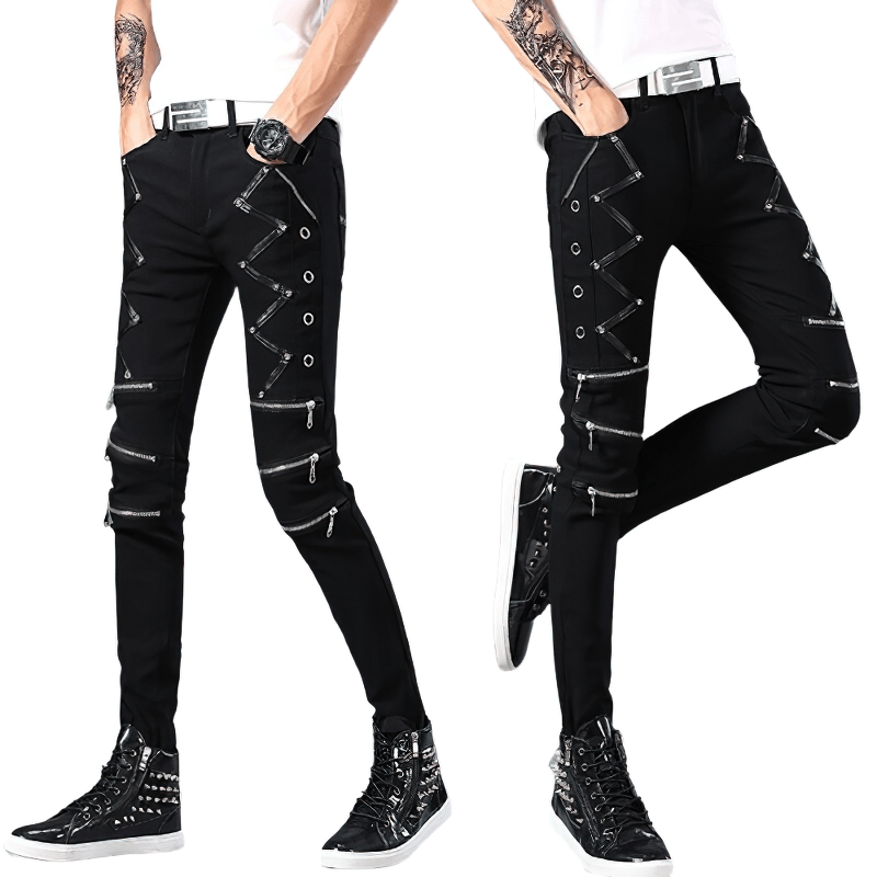 Men's black elastic skinny jeans with zippers and rivets in biker style, perfect for a stylish and edgy look.