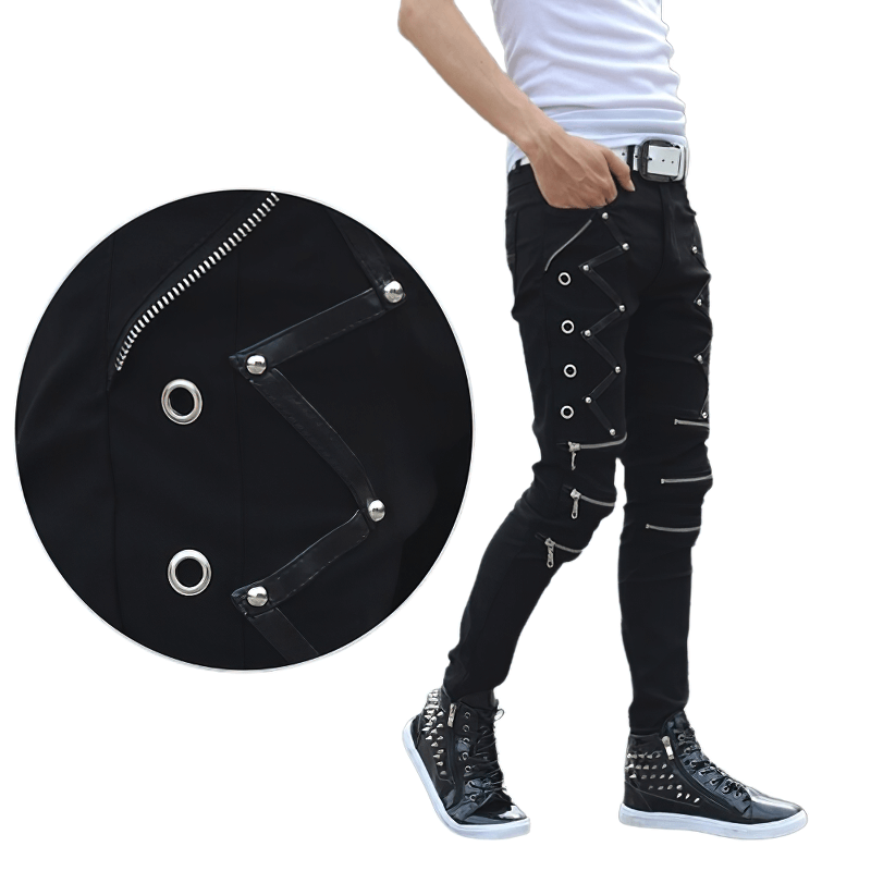 Men's black skinny jeans with zippers and rivets, perfect for a stylish biker look, showcasing a tight fit.
