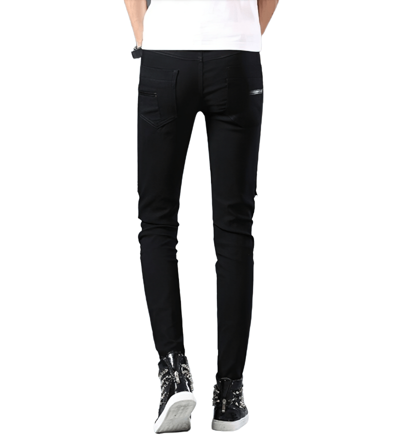 Men's black elastic skinny jeans showcasing a biker slim fit with rivets and zippers, perfect for a stylish look.