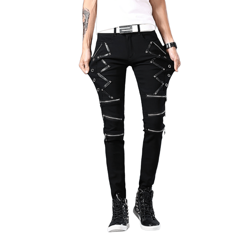 Men's black elastic skinny jeans with rivets and zippers in biker style, perfect for a stylish fit.