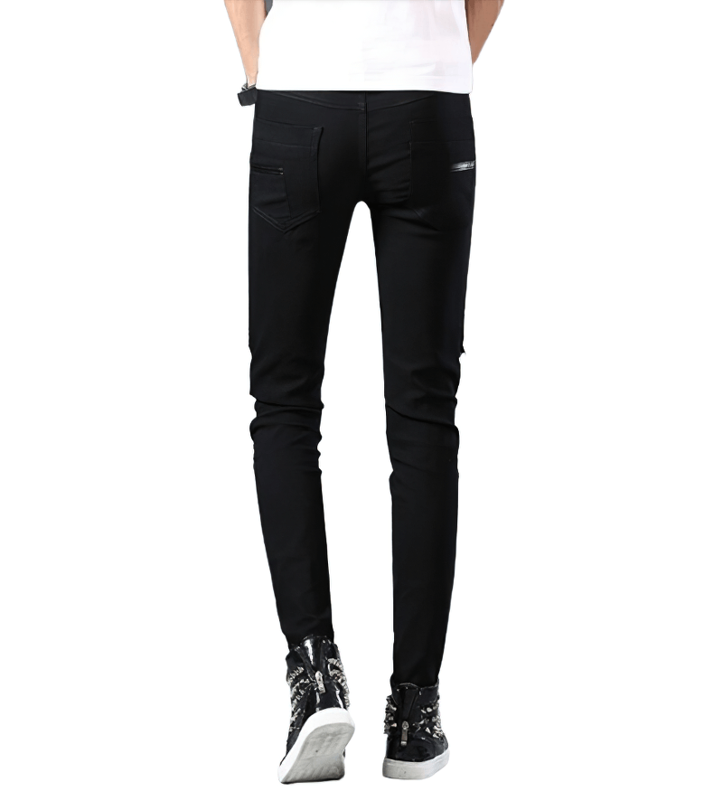 Fashion Black Elastic Skinny Jeans for Men / Biker Slim Fit Trousers with Rivets & Zippers