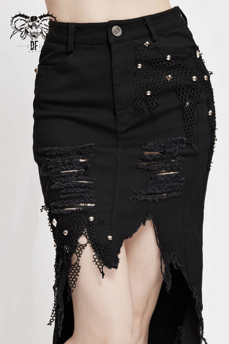 Fashion Black Fishtail Skirt for Women with Rivets / Gothic Punk High Waist Skirt - HARD'N'HEAVY