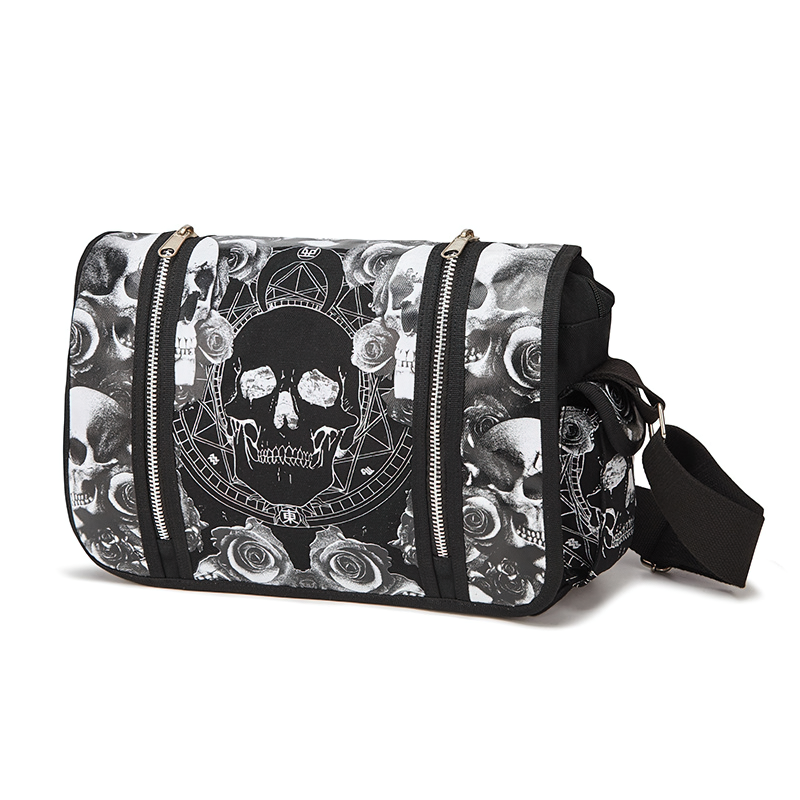 Fashion black gothic shoulder bag with skull print and roses, perfect accessory for edgy style lovers.