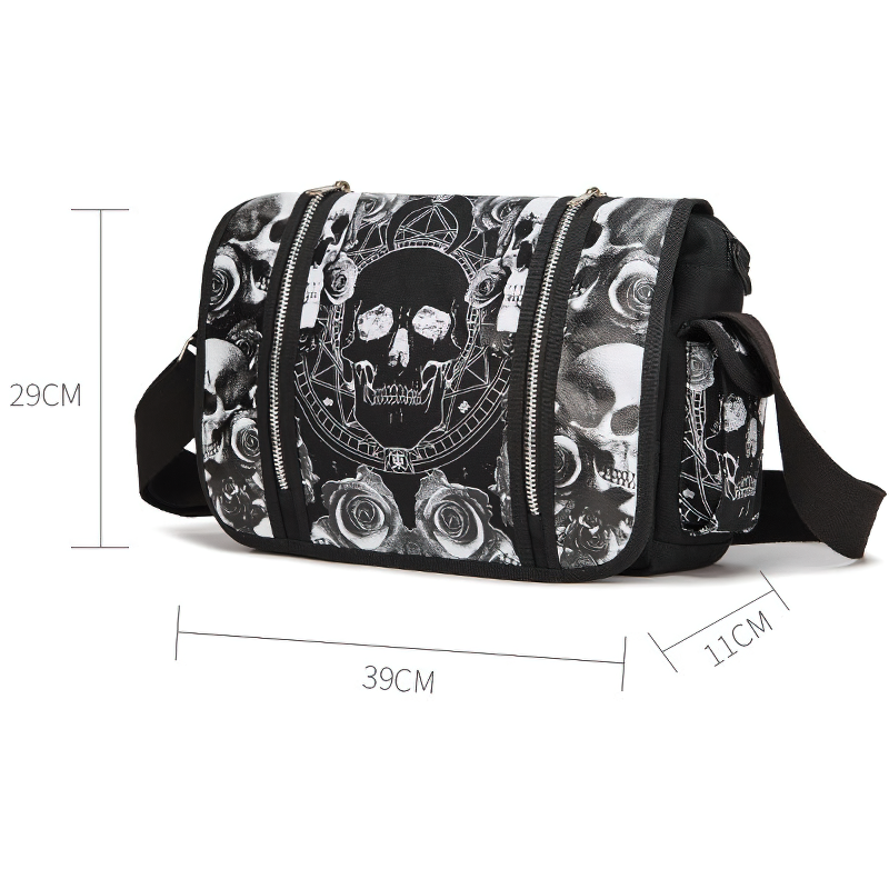 Fashion black gothic shoulder bag with skull print, perfect for women. Dimensions: 39cm x 29cm x 11cm.