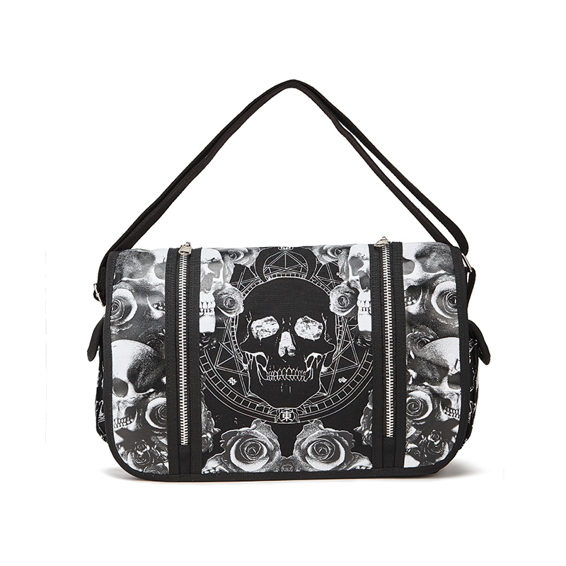 Fashion black gothic shoulder bag with skull and rose print, perfect for adding edgy style to any outfit.