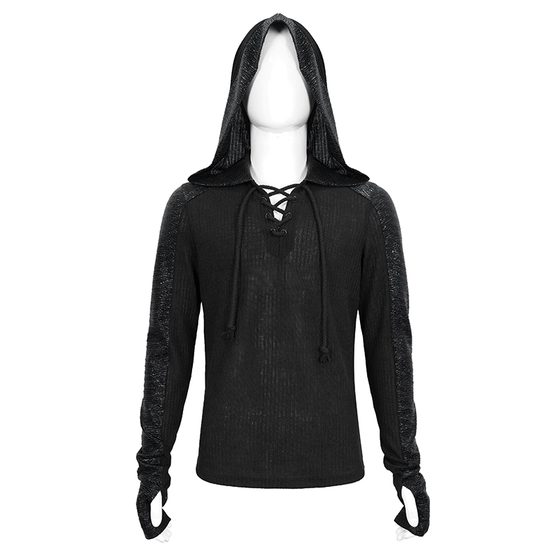 Fashion Black Hoodie with Lace-up Neckline for Men / Gothic Male Long Sleeves Hoodies