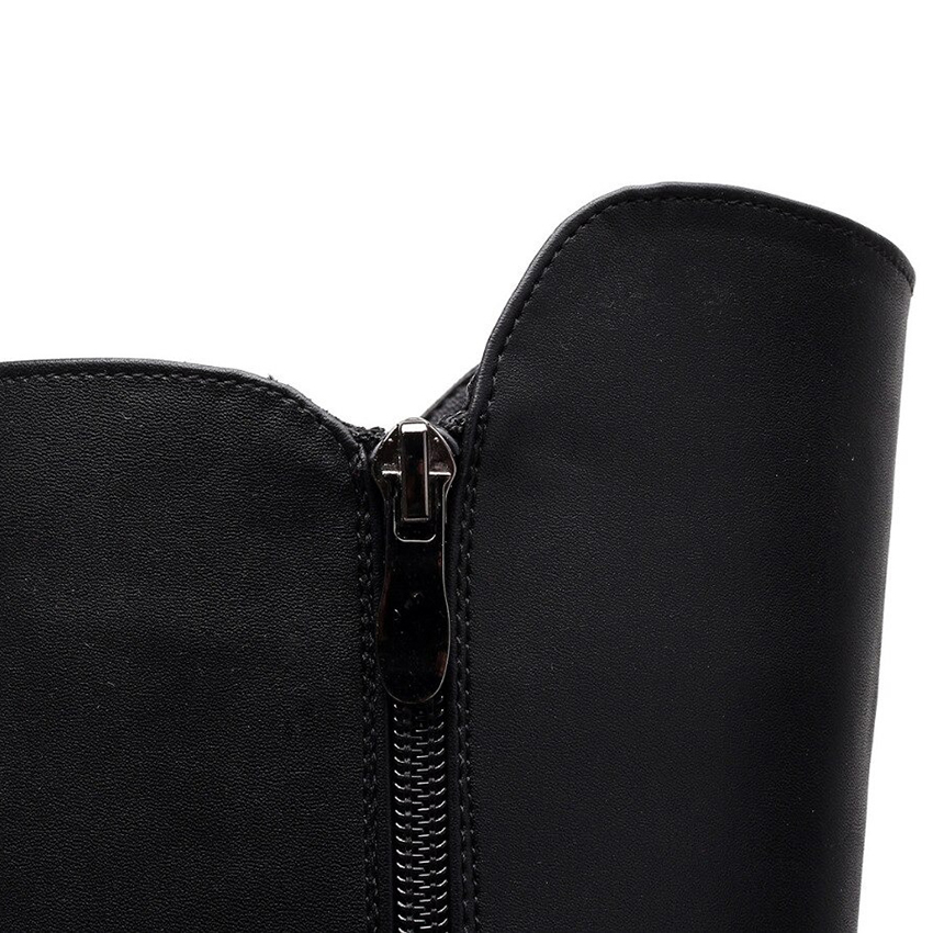 Close-up of black mid calf PU leather boot showcasing the stylish zipper detail and elegant design.