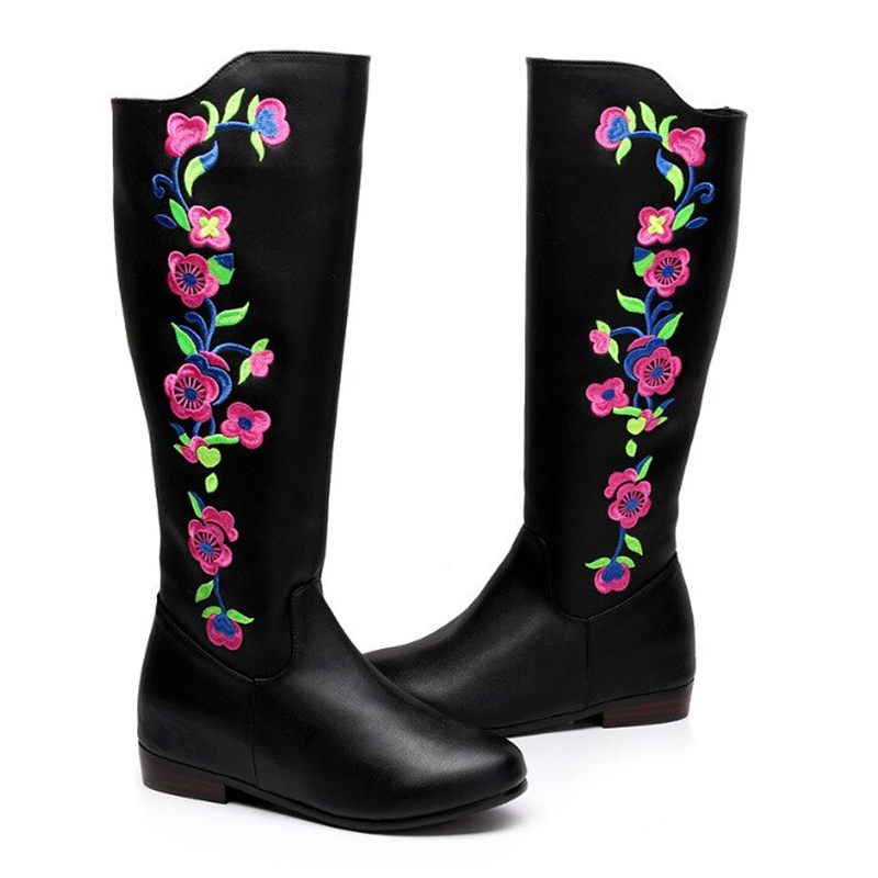 Fashion Black Mid Calf PU Leather Boots with Flower Embroidered / Women's Warm Fur Flat Shoes - HARD'N'HEAVY