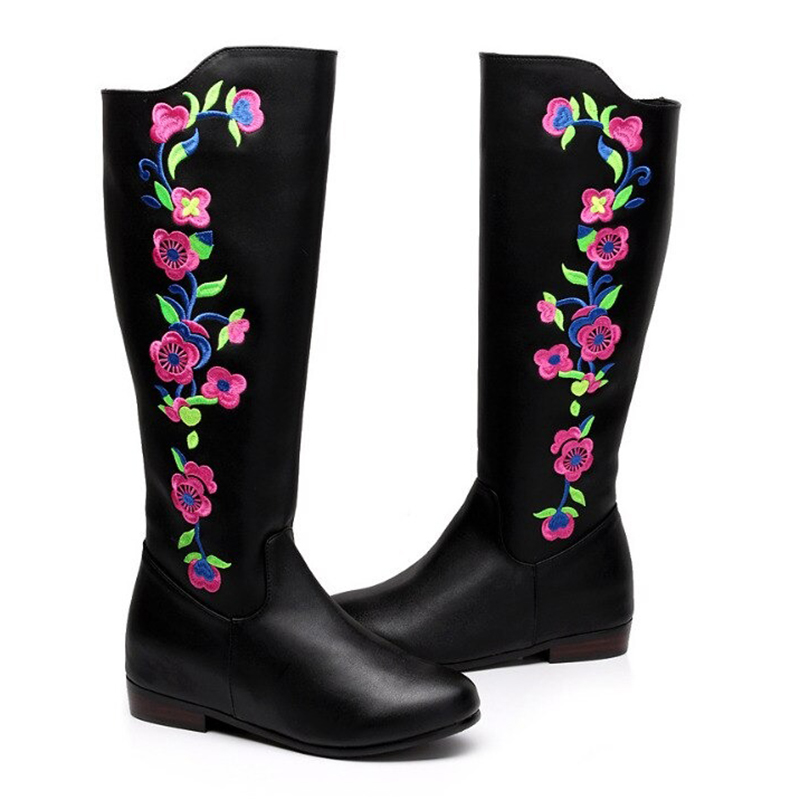 Fashion black mid calf PU leather boots with colorful flower embroidery, perfect for casual elegant looks.