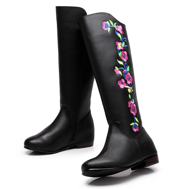 Elegant black mid-calf PU leather boots with colorful flower embroidery, perfect for casual winter styles.