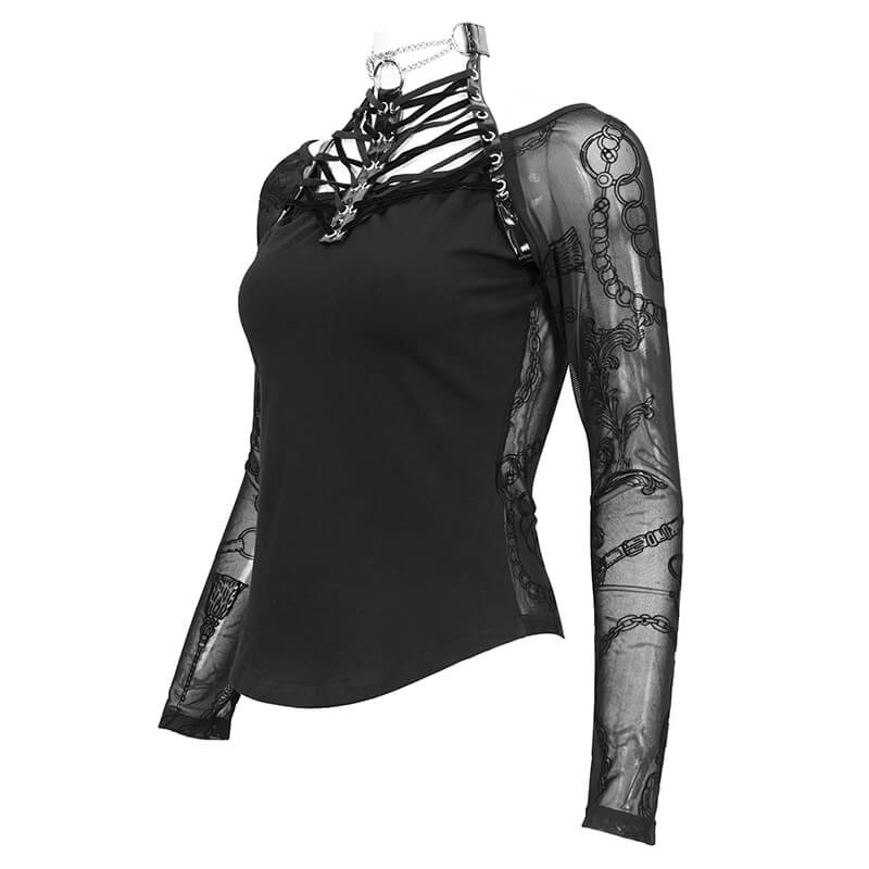 Fashionable black gothic choker neck top with patterned net sleeves, ideal for edgy and stylish outfits.
