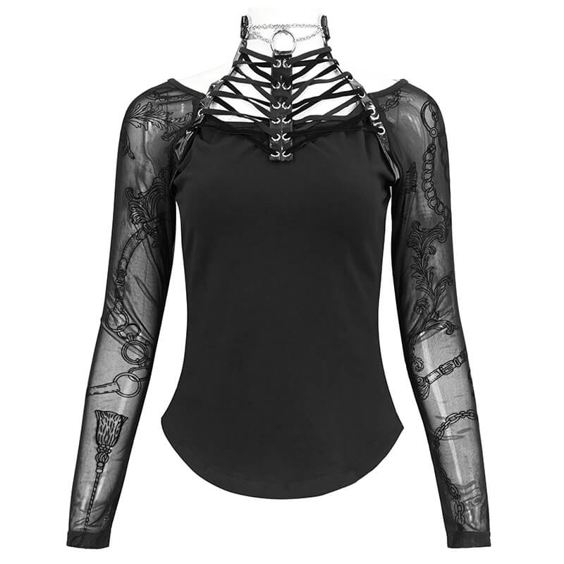 Stylish black gothic choker neck top with patterned net sleeves for women, perfect for edgy fashion lovers.