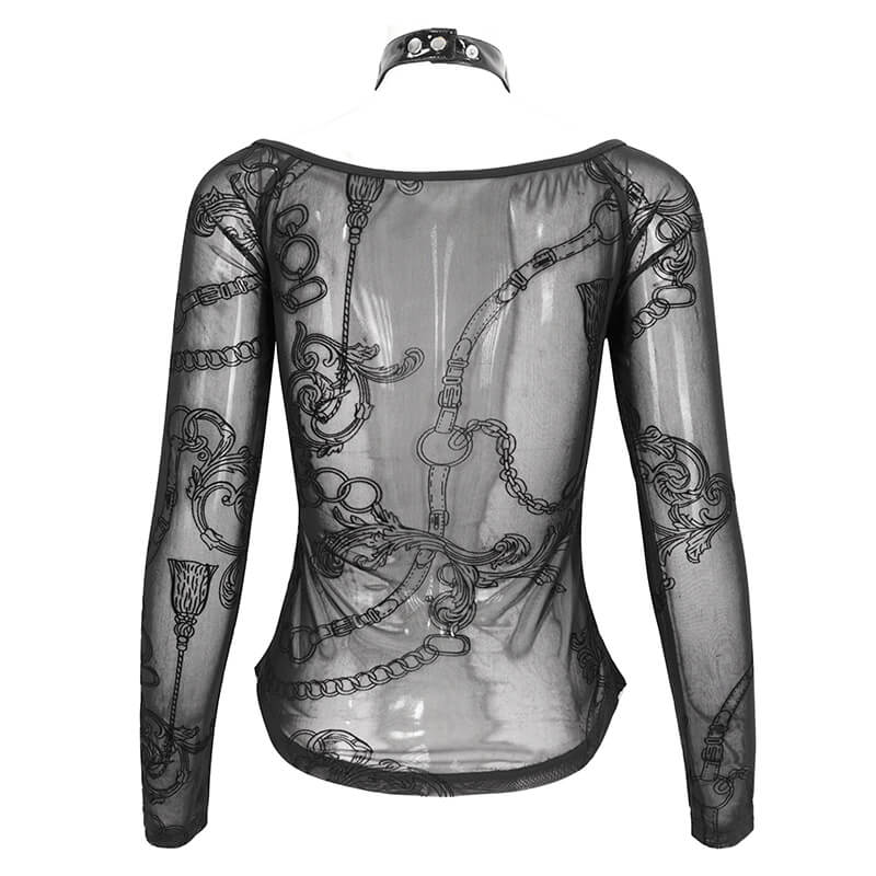 Stylish gothic women's choker neck top featuring black patterned net sleeves and unique design.