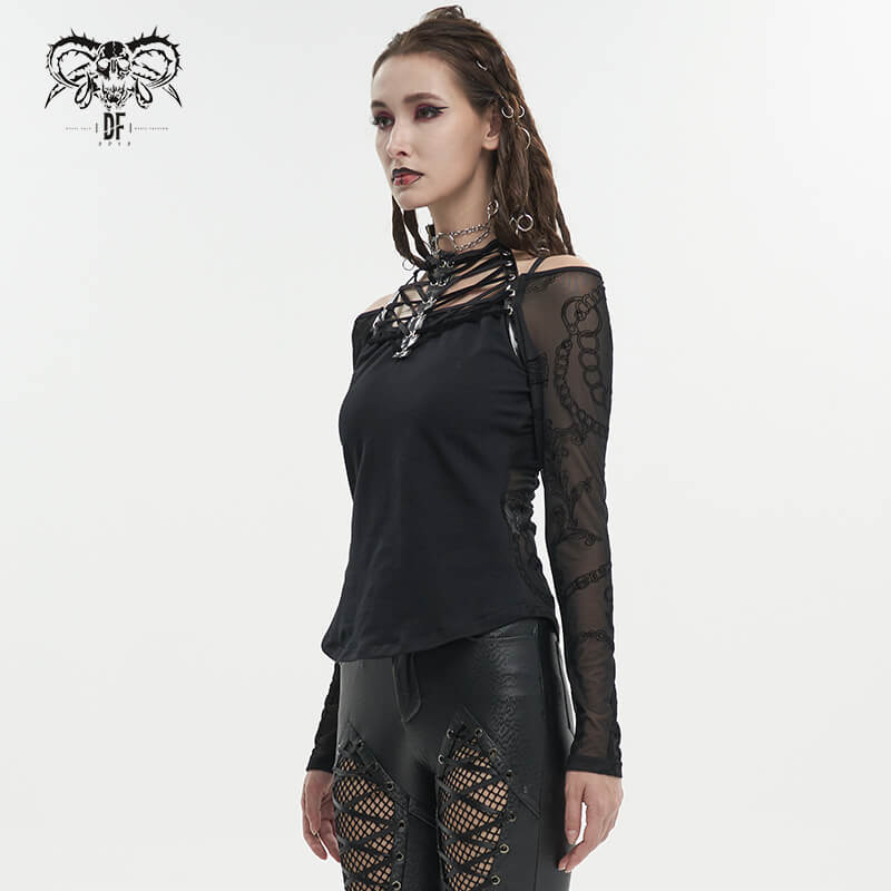 Stylish gothic women's choker neck top with black patterned net sleeves, perfect for adding an edgy touch to any outfit.