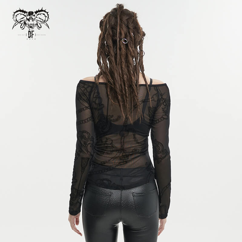 Gothic style women's choker neck top with black patterned net sleeves, perfect for edgy elegance in any wardrobe.