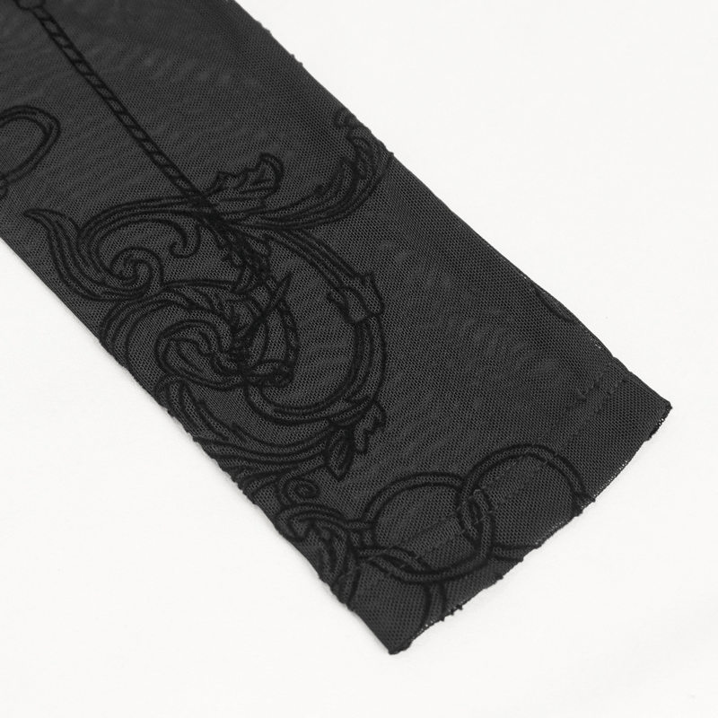 Close-up of black patterned net sleeve, featuring intricate gothic designs for a stylish women's choker neck top.