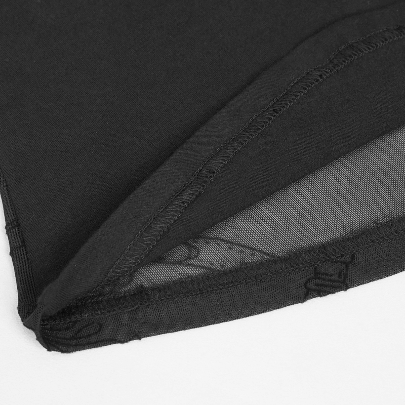 Close-up of the hem and net sleeve detail of a stylish black gothic choker neck top for women.