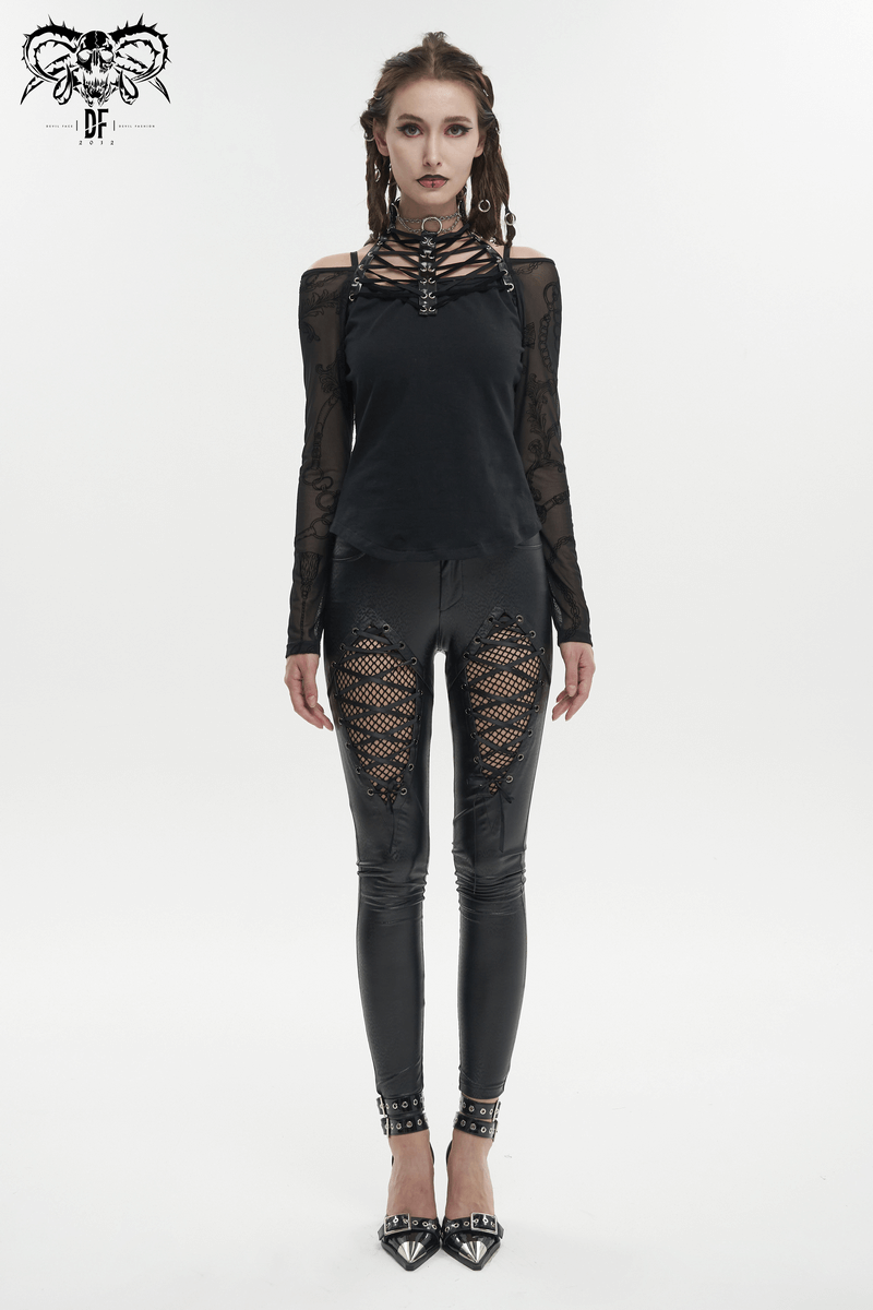 Gothic style women's choker neck top with black patterned net sleeves, paired with edgy black mesh leggings.