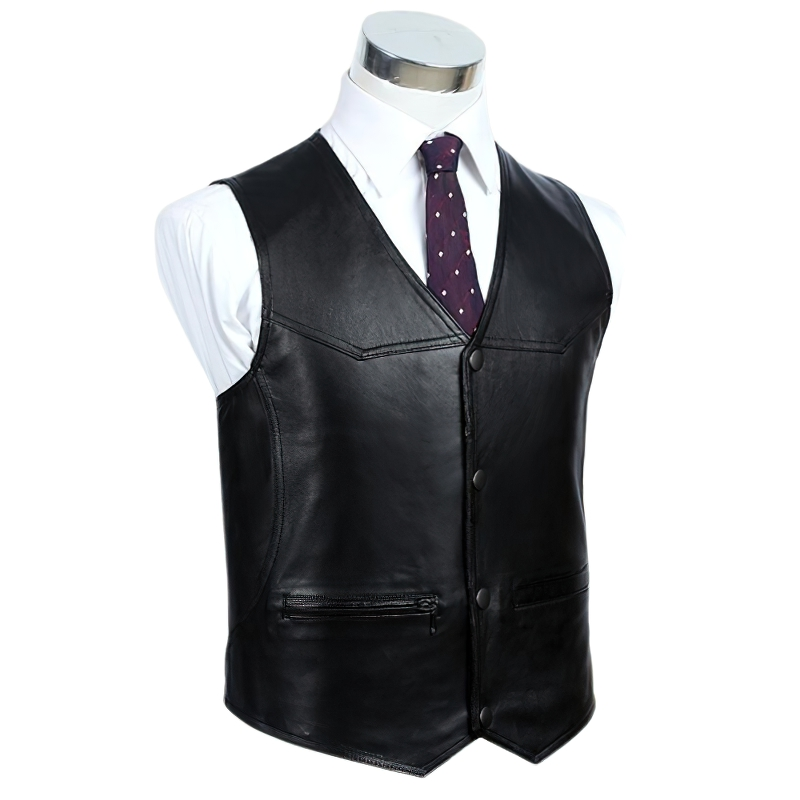 Fashion Black Real Leather Vest / Alternative Fashion V-Neck Men's Vest - HARD'N'HEAVY