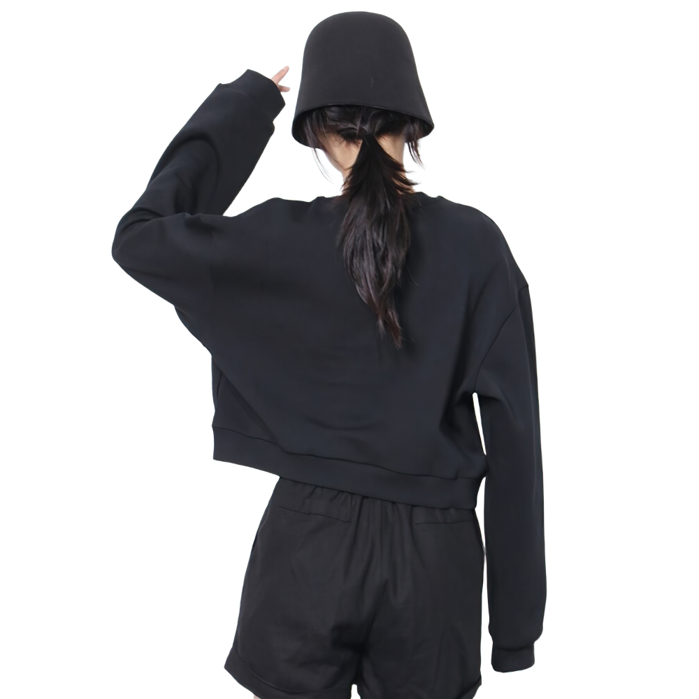 Fashion Black Round Neck Long Sleeve Sweatshirt / Women's Solid Loose Sweatshirts - HARD'N'HEAVY